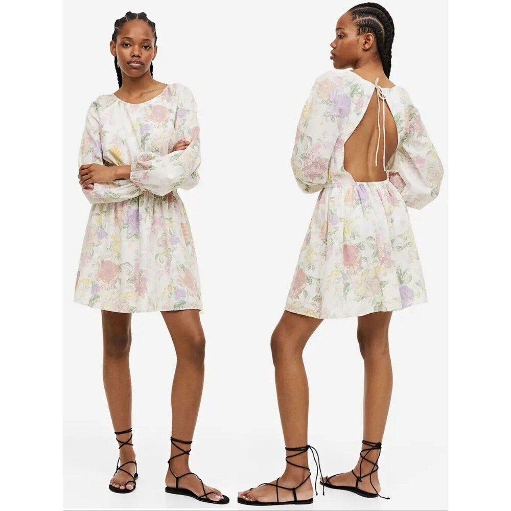 H&M Pure Cotton Balloon Sleeve Open-Back Sz M Floral Dress CT-3743